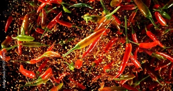 Fototapeta Falling chili peppers on a black background. Spices in motion.
