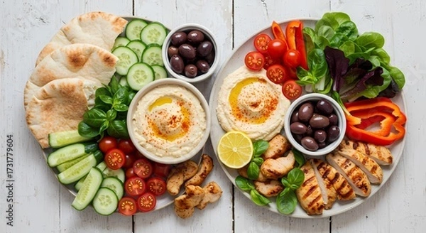 Fototapeta Freshly grilled chicken and salmon meals with healthy vegetable salads are delicious dinner dishes.