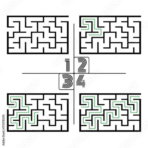 Fototapeta Illustration with labyrinth, maze conundrum for kids. Baby puzzle with entry and exit. Children puzzle game. 4 steps to complete the maze.