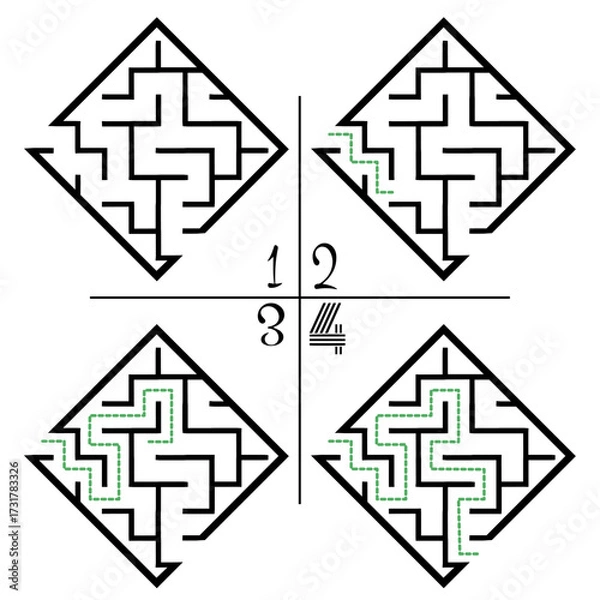 Fototapeta Illustration with labyrinth, maze conundrum for kids. Baby puzzle with entry and exit. Children puzzle game. 4 steps to complete the maze.
