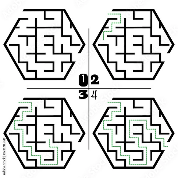 Fototapeta Illustration with labyrinth, maze conundrum for kids. Baby puzzle with entry and exit. Children puzzle game. 4 steps to complete the maze.