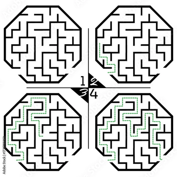 Fototapeta Illustration with labyrinth, maze conundrum for kids. Baby puzzle with entry and exit. Children puzzle game. 4 steps to complete the maze.