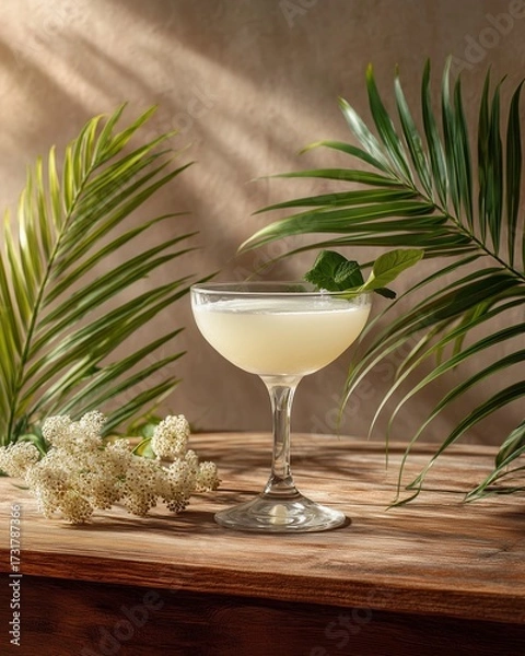 Fototapeta Exotic Cocktail in Paradise: A refreshing cocktail with a garnish sits gracefully on a wooden surface, framed by lush palm leaves and soft shadows, capturing a sense of serenity and tropical escape.