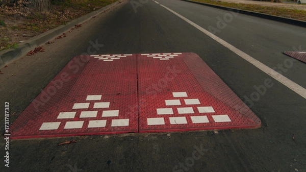 Fototapeta Modular speed bumps (speed bumps) of red color with white reflective elements, installed on an asphalt road in a residential area or on the outskirts of the city.