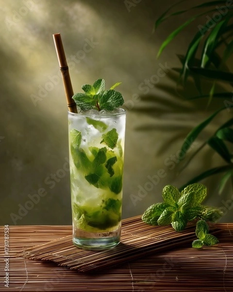 Fototapeta Mojito refreshment: A refreshing mojito, crafted with fresh mint and ice, embodies the essence of a perfect refreshment. the photo captures every element of refreshment.