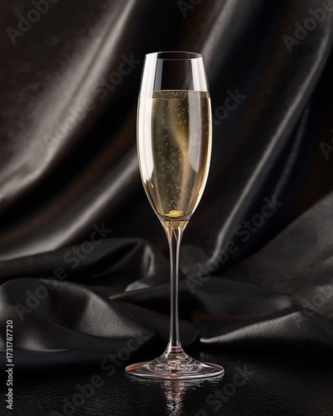Fototapeta Elegant Champagne Toast: A sophisticated champagne flute, filled with bubbly, effervescent liquid, stands gracefully against a rich, draped fabric.
