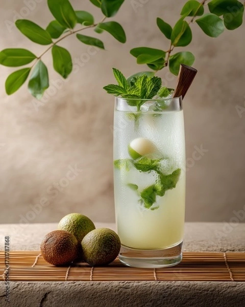 Fototapeta Refreshing Lychee Cocktail: A beautifully styled refreshing lychee cocktail, meticulously crafted, featuring a vibrant blend of fresh lychee, aromatic mint, and a hint of citrus.