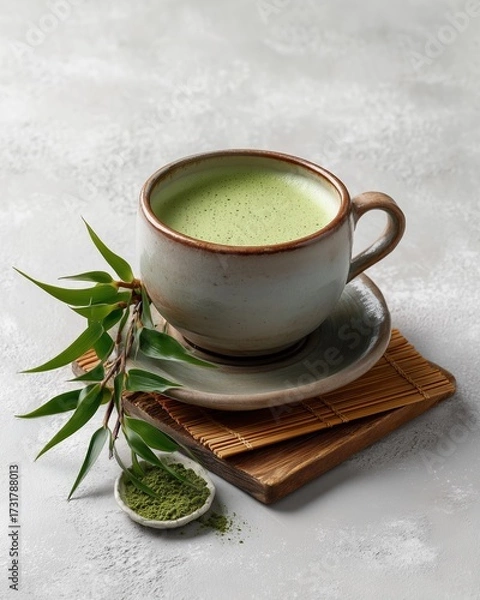 Fototapeta Zen Matcha Bliss: A serene still life captures the essence of a creamy matcha latte, artfully presented with a bamboo sprig, matcha powder, and coaster.
