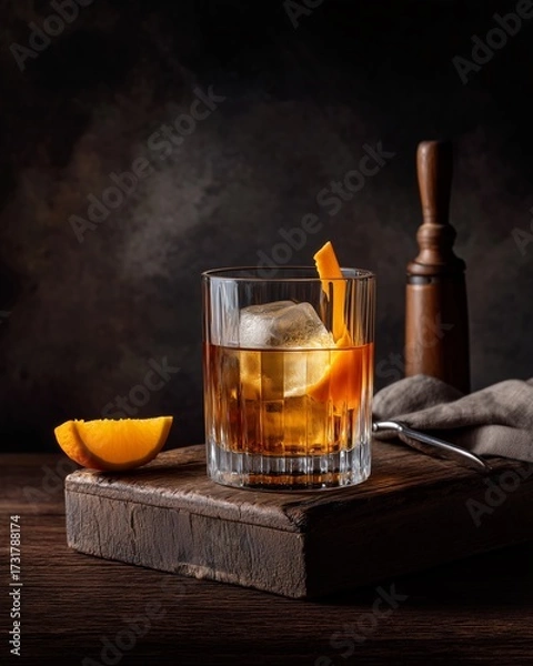 Fototapeta Old Fashioned Delight: A captivating studio shot of a classic old fashioned cocktail, meticulously crafted and garnished with an orange peel, promising a sophisticated experience. 