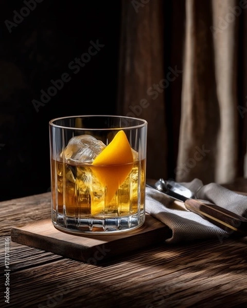 Fototapeta Golden Elixir: A captivating view of a meticulously crafted cocktail, featuring an ice sphere and a citrus peel, presented with elegance on a wooden surface. 