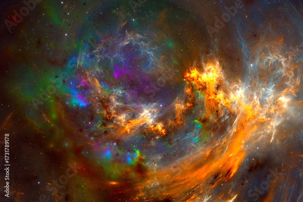 Fototapeta Dramatic colorful nebula and stars in outer space. Abstract fractal render.