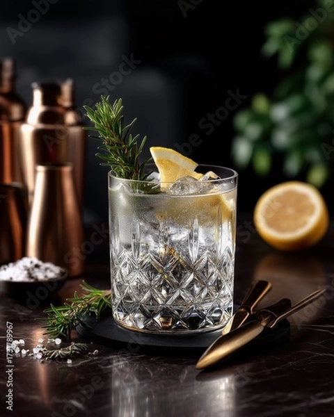 Fototapeta Artisanal Cocktail: A refreshing drink in a beautifully textured glass with an inviting garnish, accompanied by the tools and ingredients required, all set against a dark, moody backdrop.