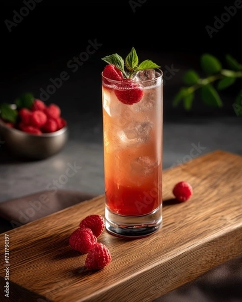 Fototapeta Raspberry Refreshment: A vibrant, refreshing raspberry cocktail, elegantly presented in a tall glass, garnished with fresh mint, and artfully arranged on a wooden surface with fresh raspberries.