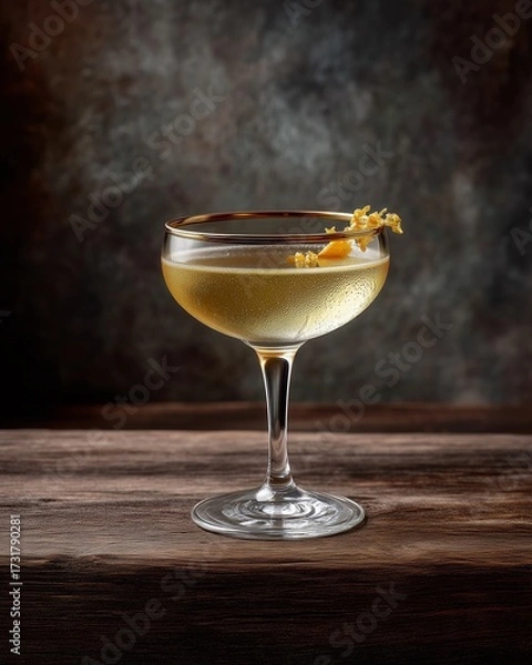 Fototapeta Golden Elixir: A radiant golden cocktail, elegantly presented in a vintage coupe glass, rests gracefully upon a rustic wooden surface, ready to be savored.