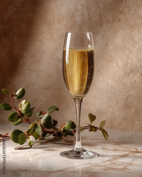 Fototapeta Bubbles of Bliss: A sophisticated Champagne glass, shimmering with effervescent joy, rests gracefully amidst soft shadows and textured surfaces.