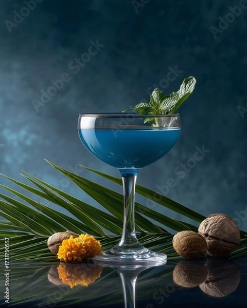 Fototapeta Oceanic Elixir: A vibrant blue cocktail, adorned with fresh mint and tropical elements, presented on a reflective surface, embodies the essence of a refreshing and captivating beverage.