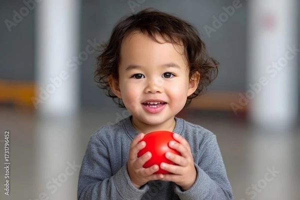 Fototapeta Young child with curly hair, wearing gray shirt, joyfully holding a red ball, smiling brightly in a spacious indoor environment, showcasing playful innocence and happiness