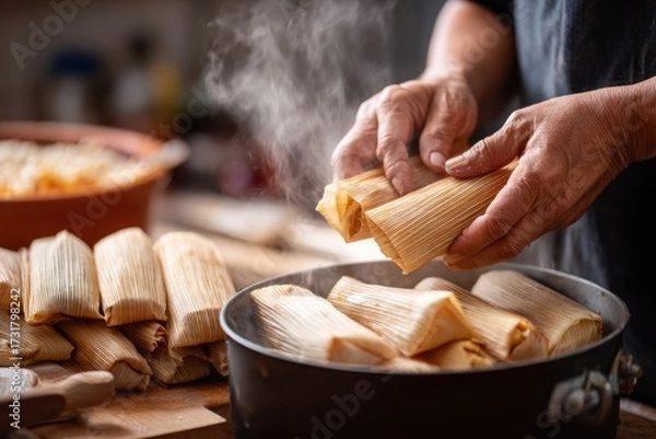 Obraz Close up of hands skillfully preparing tamales dough, wrapping it in corn husks, with a warm kitchen atmosphere and freshly made tamales in the background