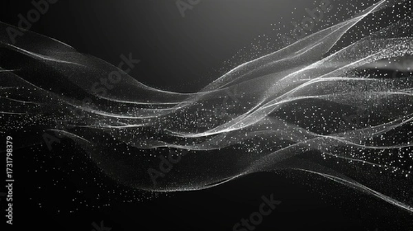 Fototapeta A white glowing particle line on a black background, paired with a simple blue S-shaped wave, is perfect for graphic design, digital art, or decorative elements that require delicate lighting effects.