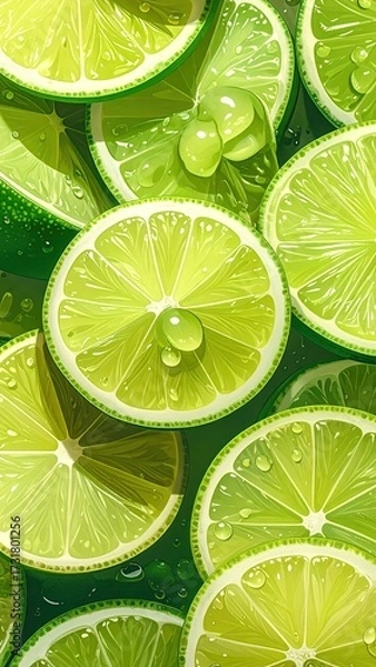 Fototapeta Lime Slices Pattern in Green and White Detailed Citrus Fruit Composition Overhead View Refreshing Summer Theme Bright Natural Lighting Fresh Vibrant