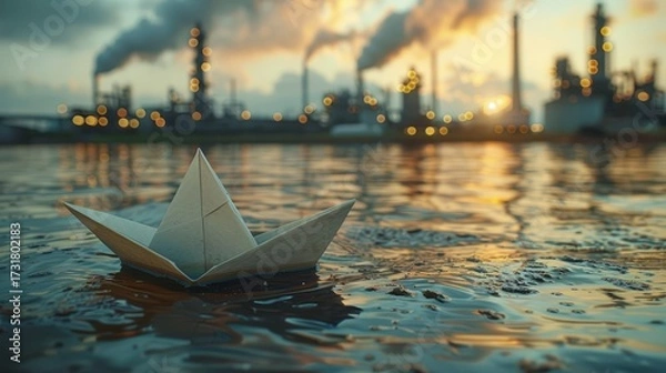Fototapeta A small paper boat drifts on calm water, contrasting with a backdrop of industrial facilities silhouetted by a vibrant sunset, highlighting human activity and nature's serenity