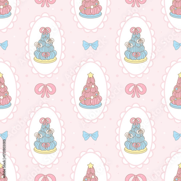Obraz Pastel Christmas tree cake seamless pattern with cute bows on a pink background, perfect for holiday fabric, wrapping paper and festive decoration