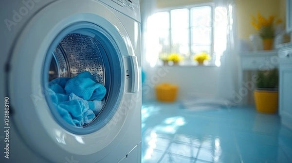 Fototapeta A cozy laundry area showcases a gleaming washing machine loaded with vibrant blue towels, illuminated by natural light