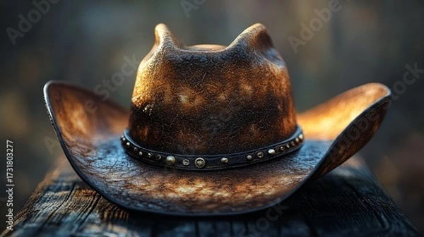 Fototapeta A beautifully worn cowboy hat showcasing rich textures and rustic details evokes a sense of the wild west and adventure