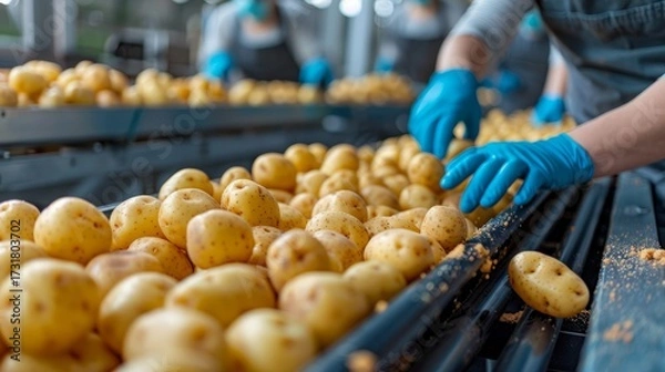 Fototapeta Workers wearing gloves sort and package freshly harvested potatoes on a conveyor belt in a processing facility