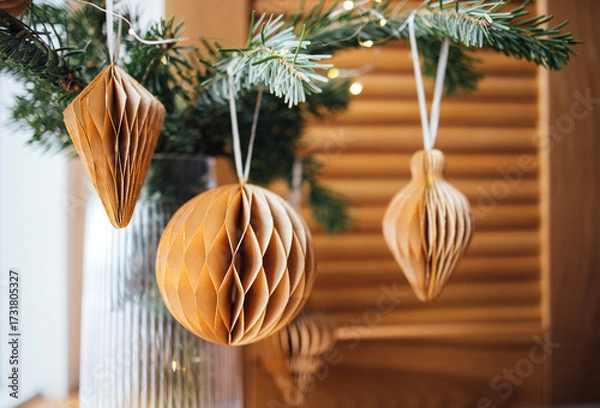Fototapeta Decorative honeycomb paper ornaments in warm tones hanging from a pine branch, creating a cozy holiday atmosphere with a wooden background and soft lighting