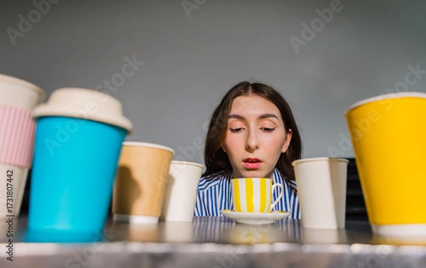 Fototapeta Young woman with long hair is contemplating a colorful coffee cup surrounded by various disposable cups, creating a vibrant and engaging coffee shop atmosphere