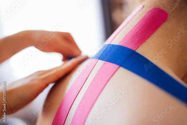 Fototapeta Close-up of a therapist applying colorful kinesiology tape on a patient's back, showcasing the therapeutic technique and attention to detail in a clinical setting