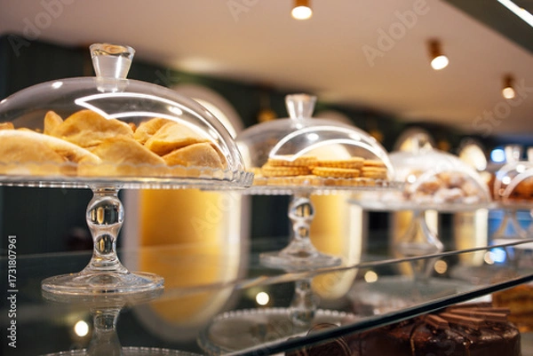 Fototapeta Display of assorted baked goods under glass domes in a modern bakery, showcasing delicious pastries and cookies on a stylish countertop with warm lighting