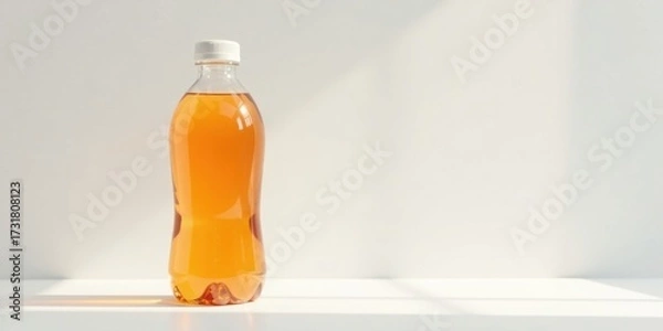 Fototapeta Refreshing Amber Beverage in a Clear Plastic Bottle on a White Surface with Natural Sunlight