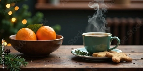 Fototapeta Warm beverage with sweet treats and citrus fruit on a wooden surface near evergreen boughs and soft lights