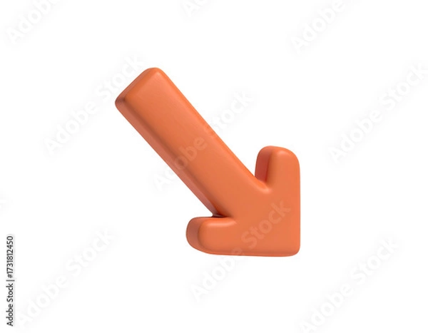 Fototapeta A glossy, orange 3D arrow points down and right on a stark black background