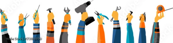 Fototapeta Engineer workers and locksmiths hands up and holding profession tools. Vector horizontal border. Labor day concept