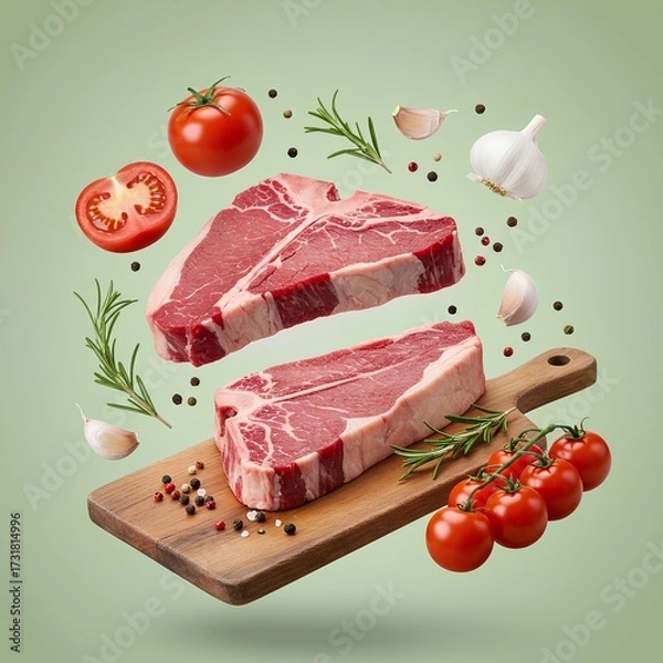 Fototapeta A variety of fresh ingredients hover in mid-air against a stark, pale green background. At the center of the composition are two raw, bone-in T-bone steaks, each a rich red 