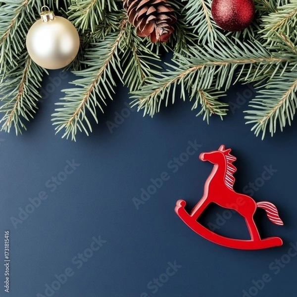 Fototapeta Festive Chinese New Year background with pine branches, ornaments, and a rocking horse decoration