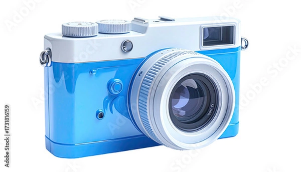 Obraz Modern, two-toned digital camera with a large lens, isolated on black