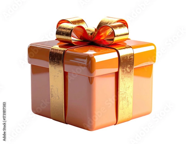 Fototapeta A 3D rendered orange gift box with a gold ribbon and bow against a black background