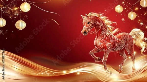 Fototapeta Vibrant red background with decorative horse and lanterns for Chinese New Year celebration