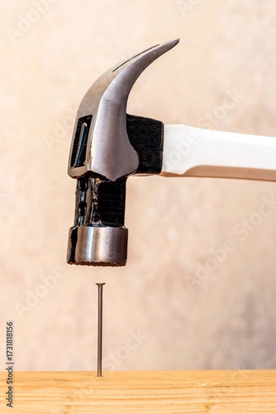 Fototapeta A metal hammer with a white handle drives a nail into a wooden board, illustrating the process of construction and working with tools