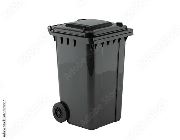 Obraz Dark gray, rolling trash bin, rectangular with lid, isolated on black background