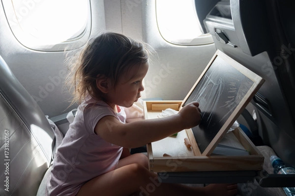 Obraz Little girl drawing on chalkboard during airplane flight