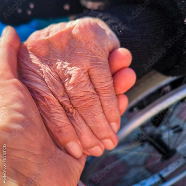 Fototapeta Elderly Hand And Younger Hand In Tender Connection: Symbol Of Care, Support, Generations And Human Touch