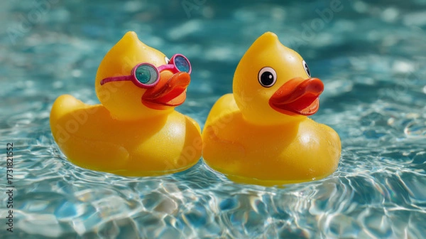 Fototapeta Pair of yellow rubber ducks floating together in a pool.