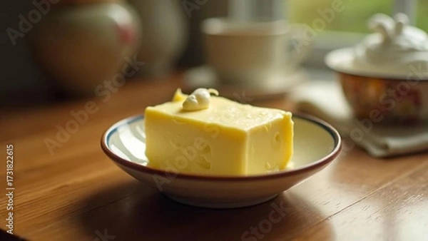 Fototapeta Piece of fresh butter on a ceramic plate. 
