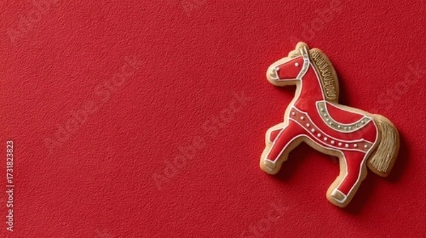 Fototapeta Red horse-shaped cookie on vibrant red background for festive Chinese New Year celebration