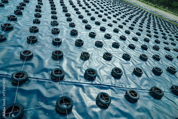 Fototapeta A geomembrane landfill cover secured with tires and ropes in a structured grid pattern, designed to contain waste, prevent contamination, and protect the environment